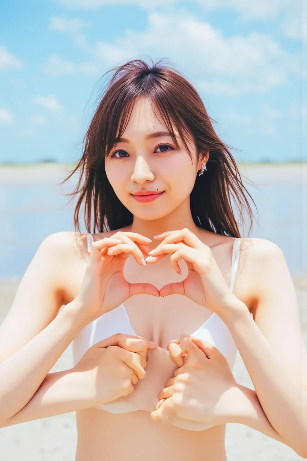     (( The background is a bright blue sky with a soft blur effect {x} staring at the camera with a slightly shy expression {x} posing with both hands making a firm big heart shape and holding it in front of her chest)), Smile、Tilt your face slightly to the right、 (Ultra Precise Human Body Structure   ,   best quality 、RAW Photos、8k、32K、masterpiece、Realistic、Realistic:1.37)、Cute Japanese women images、Thin fabric camisole、Photographed in natural light、   upper body、  1 girl、Photo Mapping、   physically-based rendering   、Excellent image quality、  Kampala 、1080P、(Beautiful Face)、(Detailed description of the face)、((Detailed CG)、Rich details、(Detailed eyes)、 Delicate clavicle、非常にリアルで詳細な若い女性   upper bodyポートレート、Beautiful skin、  Soft light is reflected in the high part of the cheek 、   small pores and hair follicles  、   even the smallest blood vessels are visible、The skin is smooth、Natural flushing of the cheeks、Healthy glow、  The eyes are large and clear blue、  The iris has fine patterning、  with light reflecting and shining in the eyes 、  There is a slight shadow under the eye、  with long, naturally curly lashes 、 her lips are soft pink 、  smooth texture and natural shine 、   The background is a pale monochrome gradient 、The focus is completely on the face 、Realistic shadows and textures、 photographic depiction 
