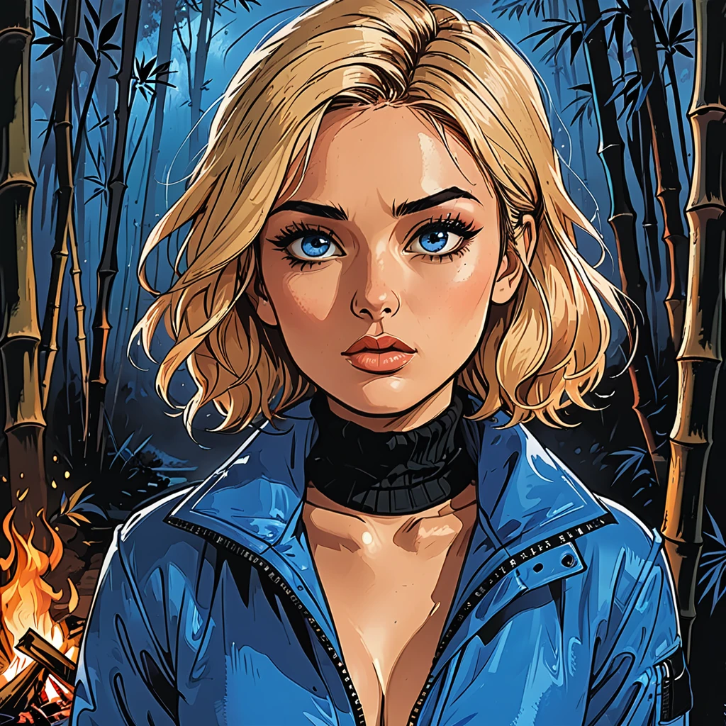 ((open mouth)), (((side view))),(close up portrait), night,portrait upset girl in Blue zipped up down winter jacket and black turtleneck by the fire at night in the bamboo forest, looks into the side, light from the fire, close up portrait upset girl in Blue zipped up down winter jacket and black turtleneck, fog, adult, [Nordic], perfect Olive skin, Oval Face, Attached Pointed ears, round forehead, Short blonde Waves pixie hair, snub nose, Arched eyebrows, Monolid blue Eyes, High Round Narrow cheekbones, Dimpled Cheeks, Rounded Chin, Rounded Jawline, Fine Puppet Wrinkles, Full nude Lips, (blue eyes), Nude Makeup Look, long eyelashes, graphic style of novel comics, perfect hands, 2d, 8k, hyperrealism, masterpiece, high resolution, best quality, ultra-detailed, super realistic, Hyperrealistic art, high-quality, ultra high res, highest detailed, lot of details, Extremely high-resolution details, incredibly lifelike, colourful, soft cinematic light,