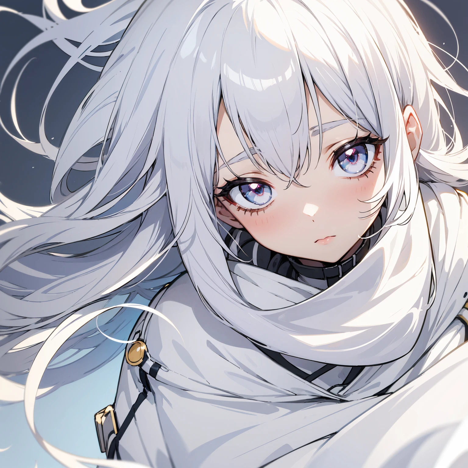 beautiful anime girl, white hair, gray eyes, light skin, square style lined eyes, beautiful, shy, ultra detailed