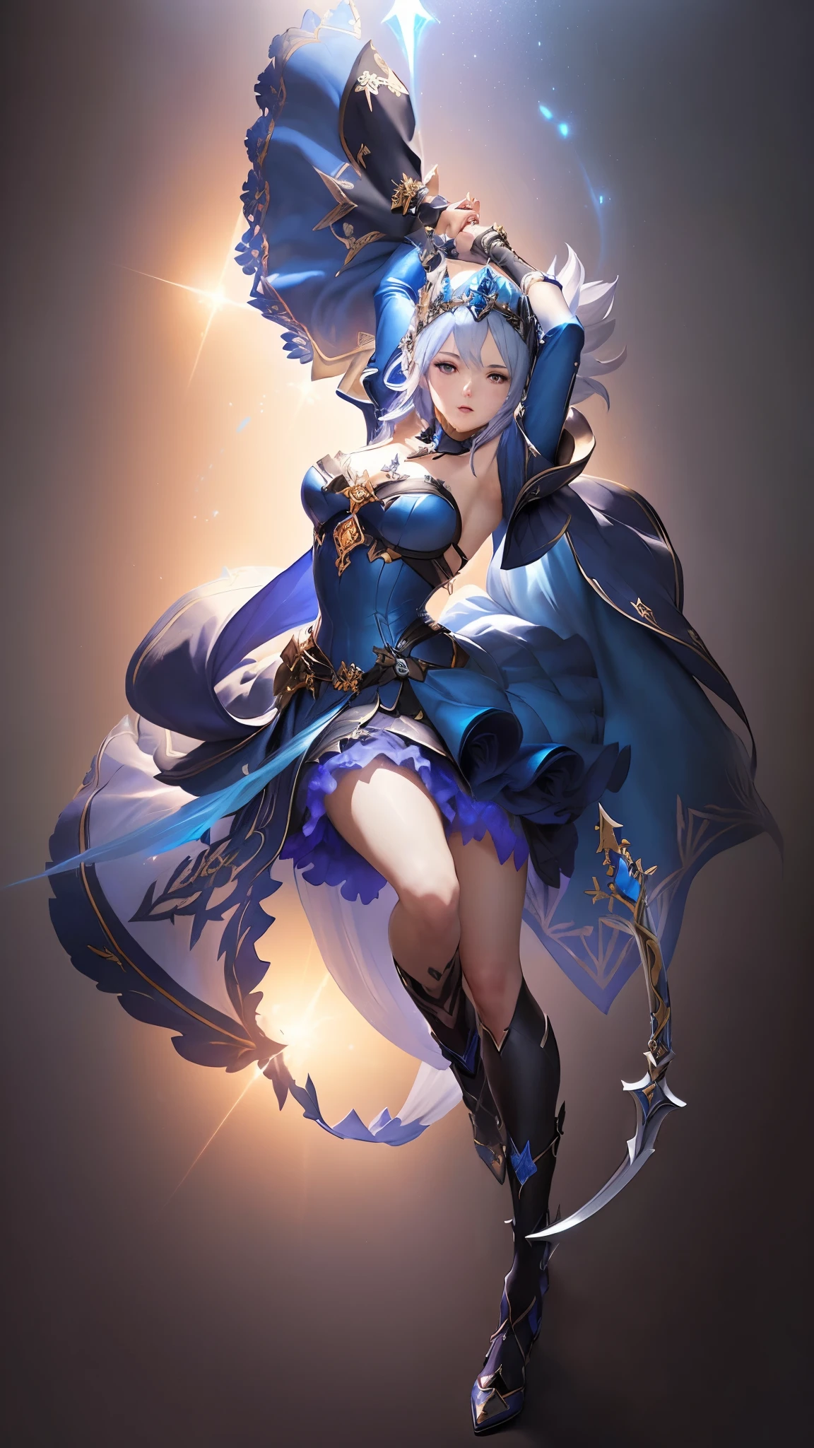 masterpiece, best quality, JingliuV4, 1girl, solo, looking at viewer, closed mouth, gloves, dress, black gloves, detached sleeves, hands behind back, no shoes, bare feet kicking,