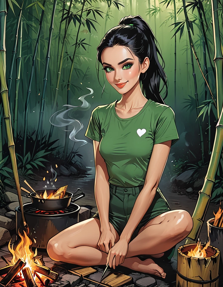 ((open mouth)),happy, smile, (close up portrait), night,portrait smile girl in a green t-shirt sitting by the fire and frying fish on a stick at night in the bamboo forest, looks into the distance, light from the fire, fish on a stick, fish on a beam stuck next to the fire, close up portrait girl in a green t-shirt sitting by the fire, fog, adult, [European], Ectomorph elongated body, slim body, skinny, perfect white skin, Long Diamond type Face, Long slim neck, broad shoulders, long slim thin arms, long fingers on the hands, round forehead, Attached Pointed ears,  Long Sleek Straight Ponytail Slicked back black Hair, Hawk long Nose, Upturned Eyes type, Bold Tapered Eyebrows, Angular Narrow Symmetrical Cheekbones, Hollow Cheeks, Square Chin, Square Jawline, Heart Shaped nude Lips, Fine Puppet Wrinkles, (dark green eyes), Cut Crease make up style, Full on Top or Bottom breasts, second breast size,  graphic style of novel comics, perfect hands, 2d, 8k, hyperrealism, masterpiece, high resolution, best quality, ultra-detailed, super realistic, Hyperrealistic art, high-quality, ultra high res, highest detailed, lot of details, Extremely high-resolution details, incredibly lifelike, colourful, soft cinematic light,