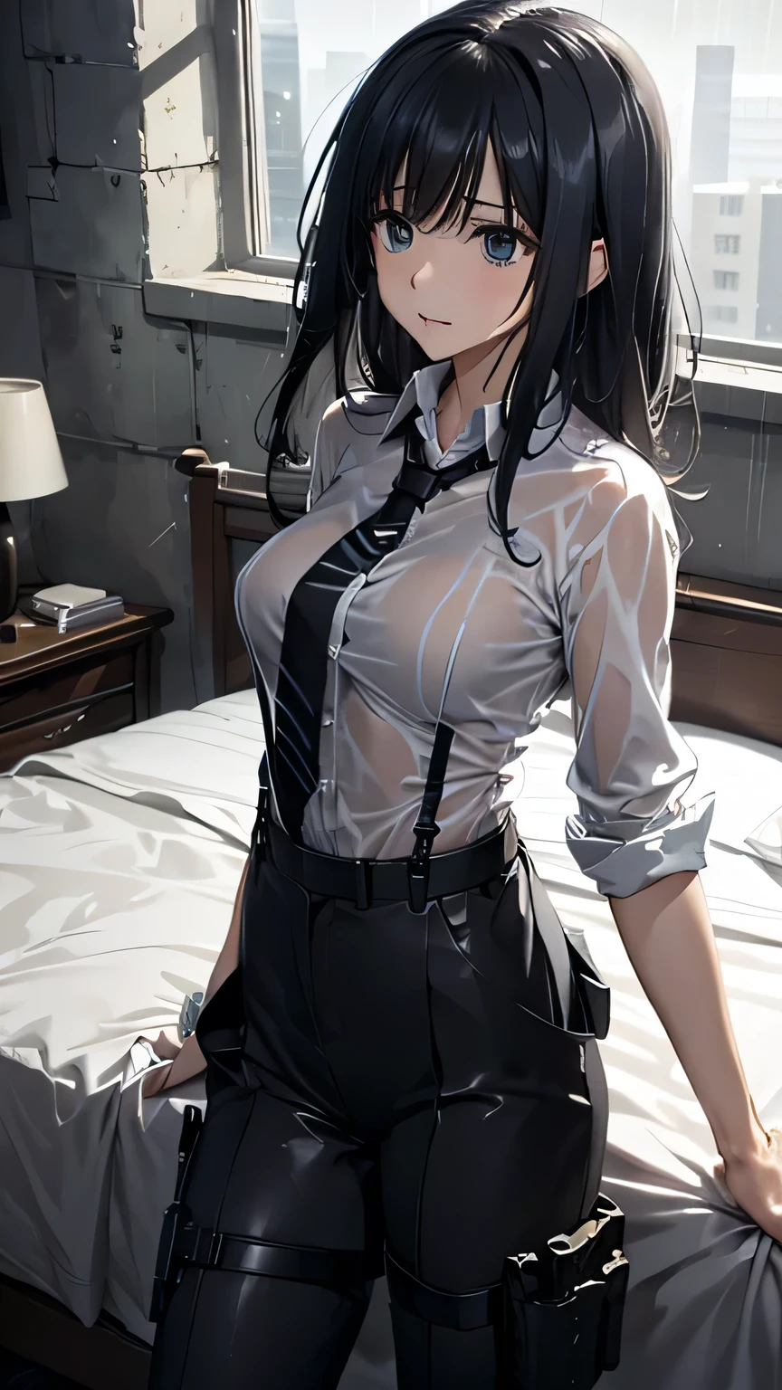 1 female, , high quality, masterpiece, Ultra-high resolution, , Cinema Lighting, , , And the suspenders with the cranes flying Large Breasts Small face holster Lying in bed Looking up Sweat belt summer 脇Sweat Black Hole Gloves suit shirt Black jacket Black trousers Leg Links ズボンにbelt holster Hands behind your back Anxious expression Looking up Anxious face, legs apart Armament Handgun handcuffs Cable ties レッグholster holster See-through clothing heavy rain Getting wet in the rain