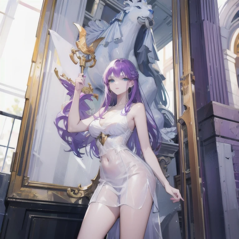 1girl,full body,curvy,blue eyes,fair_skin,oval face,perfect face,purple hair,white dress,sleeveless dress,staff,holding,athena glory,greek mythology,greco-roman architecture,
(masterpiece:1,2),best quality,masterpiece,highres,original,extremely detailed wallpaper,perfect lighting,(extremely detailed CG:1.2), hand on hip, medium breasts, closed mouth, 1girl, long sleeves, looking at viewer, solo,  thighs, white dress, covered navel

