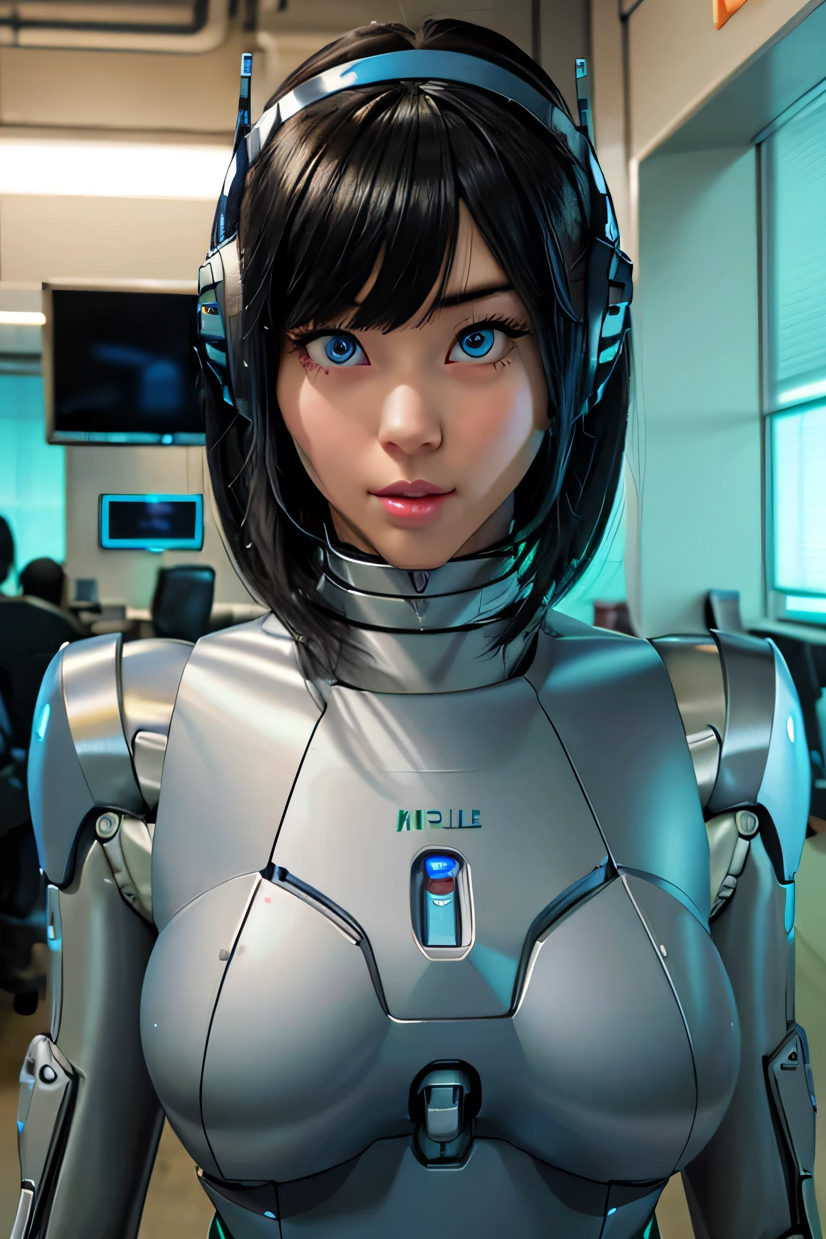 masterpiece, best quality, extremely detailed,  Japaese android girl,Plump , control panels,android,Droid,Mechanical Hand, Robot arms and legs, Black Robot Parts,Black hair,Mechanical body,Blunt bangs,White robotics parts,perfect robot girl,future information counter,reception,long tube,thick cable connected her neck,ceramic body ,mechanical body,mechanical costume,android,robot,humanoid,cyborg,information office,japanese android receptionist ,mechanical chest,blue eyes,office-lady