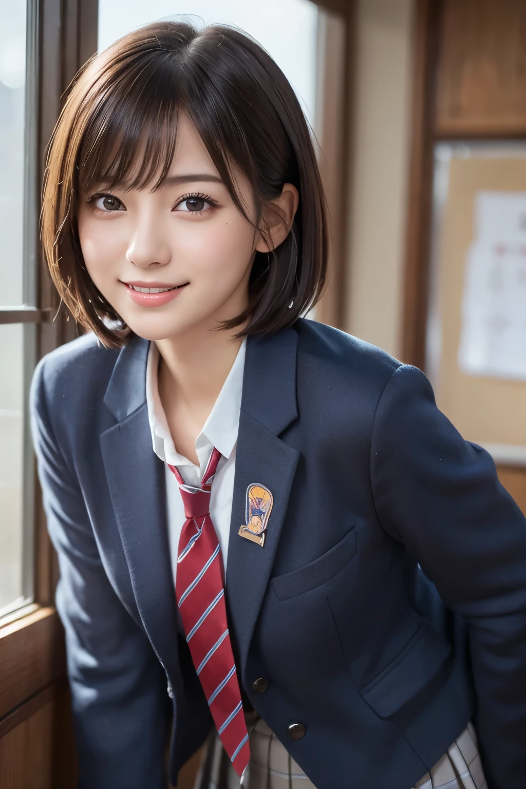 8k, RAW Photos, Best Quality, super high definition, Ultra HD, VERY DETAILED RAW COLOR PHOTO, Professional photos, (Realistic, Realistic:1.37), ( Highly Detailed Skin:1.2), (Lens: 50mm), ( super A high resolution :1.0), (masterpiece:0.2), Ultra-detailed, high-quality, textures, intricate details , shadows, Exquisitely painted eyes, Gazing at the audience, Beautiful Face, cute, (smile:1.05), short hair, White and fine skin, Small Mouth, Dark Eye Makeup, 悪いsmile, ( Leaning Forward :1.3), (ウルトラファイン 8k CG:1.2), ( super realistic:1.35), beautiful Japanese women , Japanese idols, Schoolgirl uniform, Japanese high school girl , school uniform, tie, tie ribbon, blazer, skirt, ( school classroom background :1.1)