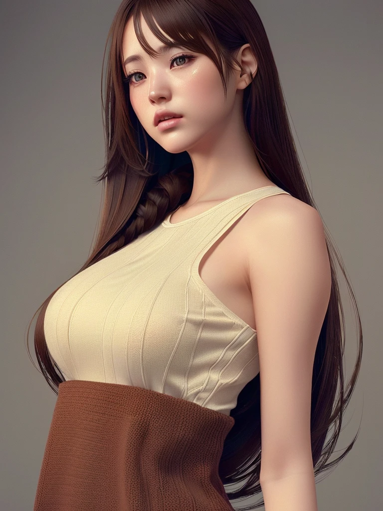 1 girl,  long hair ,  High resolution, necessary,  brown hair , big breasts,  simple background , unreal engine, Social realism, Diseño de personaje, Alone, throw, plano general, Detail, HD model, foreground, 