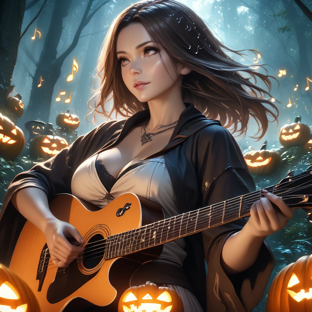 a beautiful, extremely detailed, highly realistic portrait of a busty, powerful female mage playing a guitar in a magical forest, surrounded by glowing musical notes, fantasy starry sky, jack-o-lanterns, and a dreamlike atmosphere, cinematic lighting, 8K, HDR, photorealistic, digital art