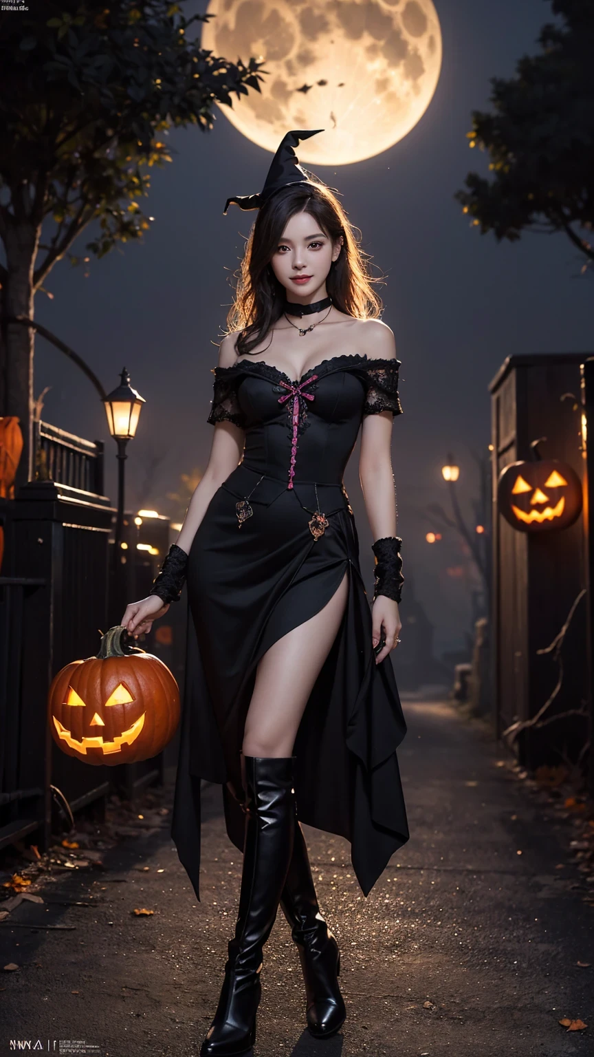 Dilraba Dilmurat as grunge gothic witch, Halloween theme, misty smoky ghost flying around, gnarly trees background, full moon, large pumpkin carved into face, photorealistic, hyperrealism, professional photography, DSLR, HDR, holographic emerging from 2D to 3D