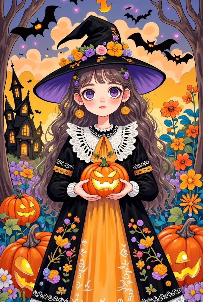  The detailed painting ， depicts a girl in a witch costume holding a pumpkin, The J , tumblr, Gothic art, Halloween art style, Halloween Celebrations, Halloween style, Halloween theme, Trick or Treat, 🍁 Lovely, Weird art style, Halloween Night, 🍂 Lovely, Witch Girl, ☁🌪🌙👩🏾, Lovely art style, Bright witch