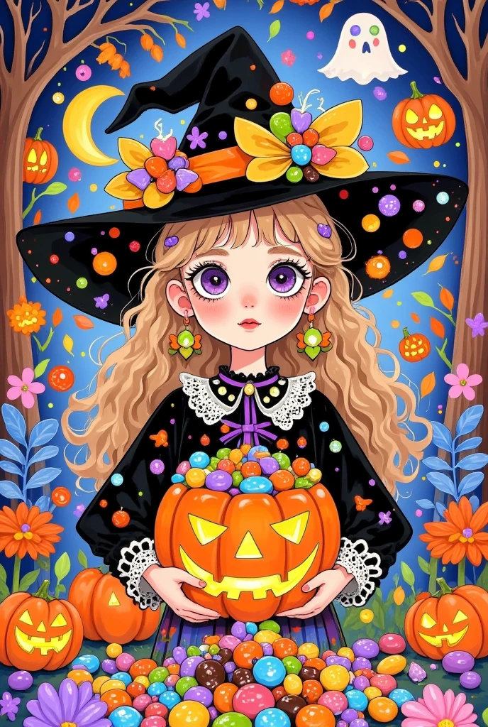 Halloween cartoon comic illustration ，Depicts a girl in a witch costume holding a pumpkin pot filled with candy,  with candy all over her body ，Trick or Treat。The J , tumblr, Gothic art, Halloween art style, Halloween Celebrations, Halloween style, Halloween theme, Trick or Treat, 🍁 Lovely, Weird art style, Halloween Night, 🍂 Lovely, Witch Girl, ☁🌪🌙👩🏾, Lovely art style, Bright witch
