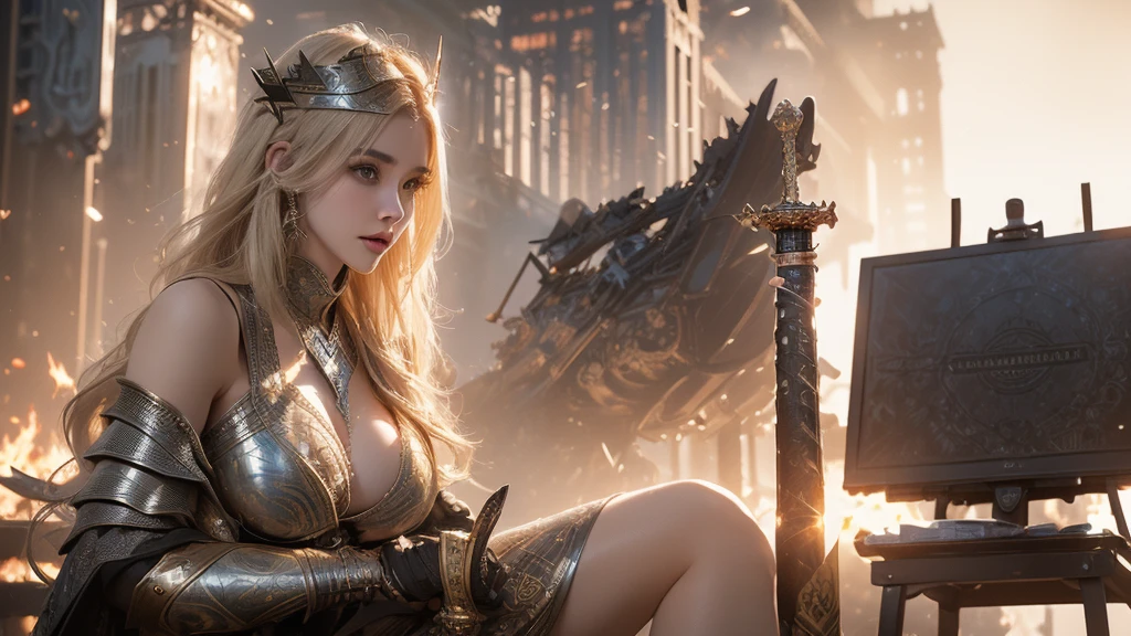 ((1 female)), ((16k)),  mature women, (((obesity)))、((( slim waist)))、(((Beautiful Russian Model)))、(((Voluptuous)))、Elegant Armor, 30-year-old woman,(((metal armor)))、Leather Armor、Metal Armor、(((Long Hair)))、(((Blonde)))、((RAW Photos)), ((masterpiece)), (((Delicate patterned miniskirt))),((( underwear ))) 、 upper body，(((Big Breasts)))、 ((( super huge breasts))), Huge breasts with extravagant decoration、Metal breastplate、(((Woman holding a sword)))、(((Crusader Clothes )))、I parted my lips， make their lips look more attractive and flamboyant， complicated details, A complex Greebles piece, masterpiece，The best quality in the best condition， Kampala，8k，((Portraiture))，( upper body)， original photo ，Actual Photos， digital photo , Beautiful Wings, Fine eyes and lips、(( slim waist))，(Beautiful big pointy breasts, )((masterpiece)),  Kampala, ( skin texture:1.1), Best Quality, 超 Kampala, (Realistic: 1.4), RAW Photos,(( perfect face))、(((Intricately patterned armor)))， Rendering Reflection Texture,  SEXY STYLE , Sexy Big , (( The mini skirt and garter belt ))、tights、 (((The background is a destroyed city))),(((The background is a fallen skyscraper ))),(((Flames exploded in the background)))、Bold Pose、 (Ancient fantasy soldiers),(Ancient soldier armor), combat accessories ,((Eyeshadow))、Detailed hands、 face the front 、 looking at camera