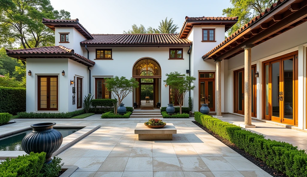 A modern Wabi Sabi + Indochine 3-body garden house, viewed from a high-angle bird’s eye perspective, showcases an elegant blend of simplicity, nature, and traditional Vietnamese architecture. The structure, primarily composed of soft white walls and ivory accents, evokes the minimalist calm of Wabi Sabi while incorporating the rich textures of Indochine style. The three distinct sections of the house are connected by open corridors, forming a courtyard in the centelled with dark green tropical plants, creating a serene, natural focal point.

The roof, made from rich teak and dark walnut tiles, adds a sense of warmth and tradition, echoing the classic Vietnamese garden house. Warm beige columns and window frames surround the exterior, providing balance between the minimalist structure and Indochine elements. Large sliding doors open to verandas furnished with bamboo furniture, offering tranquil seating areas that seamlessly blend the indoor and outdoor spaces.

The garden features indigo blue ceramic vases and emerald green tropical plants strategically placed throughout, alongside elegant stone pathways in muted beige that connect each section of the house. A bamboo tea table set beside a brick red and burnt sienna tiled patio reflects Indochine craftsmanship, while an antique gold lantern adds a subtle, refined touch to the entrance.

Natural materials, open spaces, and lush greenery combine to create a balance of modern simplicity and cultural depth, celebrating both Wabi Sabi’s understated elegance and Indochine’s rich heritage.
