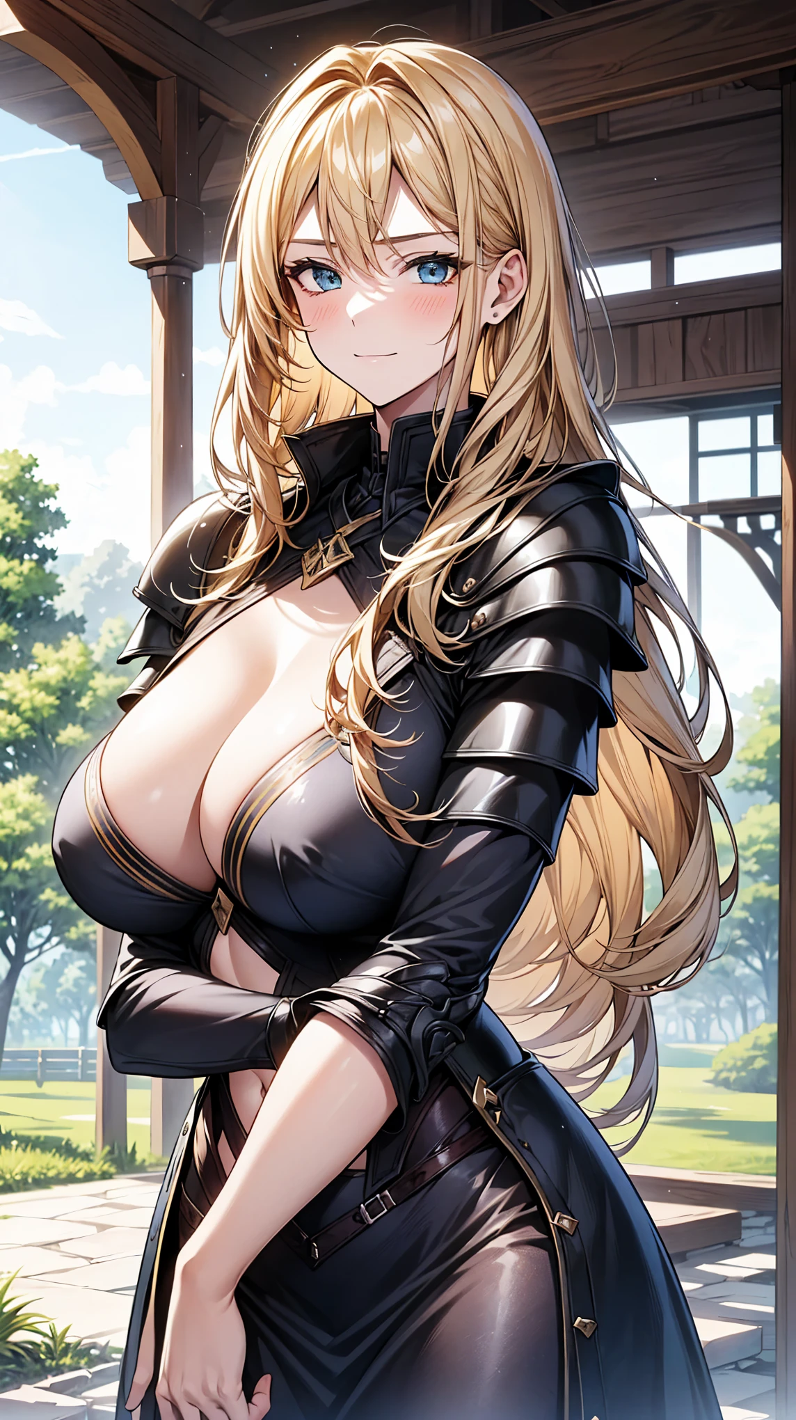 1 teenager, teenager-horse ,  teenager Centaura , mature adolescent , high, beautiful,  age around 18 years old ,  golden-haired blonde , blue eyes, Slight smile,  wearing black iron armor , Above average breasts,  ultra defined six-pack abdomen , looking at the viewer, alone,  background in a green forest,  sun touching her body 