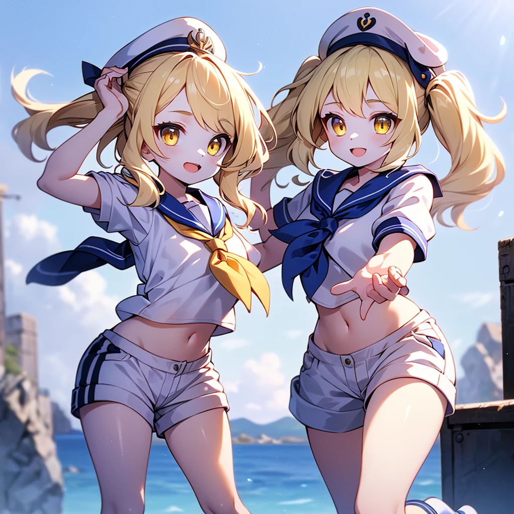 Twin-tailed golden-haired girl in sailor suit, Visible navel, Wear a hat and pants.a drawing of an anime character, clean line drawings, ultra cute girl, ultra cute face, ultra detailed eyes, ultra detailed hair, ultra cute, ultra beautiful, ((high end)), (UHD picture), (best quality,4k,8k,highres,masterpiece:1.2), top-quality(​masterpiece), top-quality, ultra-detailed, highly detailed texture, intricate details, high quality textures, masterpiece, best quality, perfect quality, perfect anatomy, perfect body, perfect symmetrical face, perfect hands, perfect feet, (two arms:1.2), (two legs:1.2), (five fingers each:1.2), (perfect joint:1.2), perfect joint movement, precise fingers and hands, 1 beautiful girl, 1 girl, alone, solo, , , ((())), ((ish)), (Best Quality, hight resolution), extremely detailed and lifelike, Vibrant colors, simple background, white socks, blonde hair, hat, blue sailor collar, twintails, sailor collar, sailor hat, yellow eyes, marine costume, short sleeves, shirt, blue neckerchief, white headwear, sailor, white shirt, white shorts, neckerchief, smile, Chiyuri