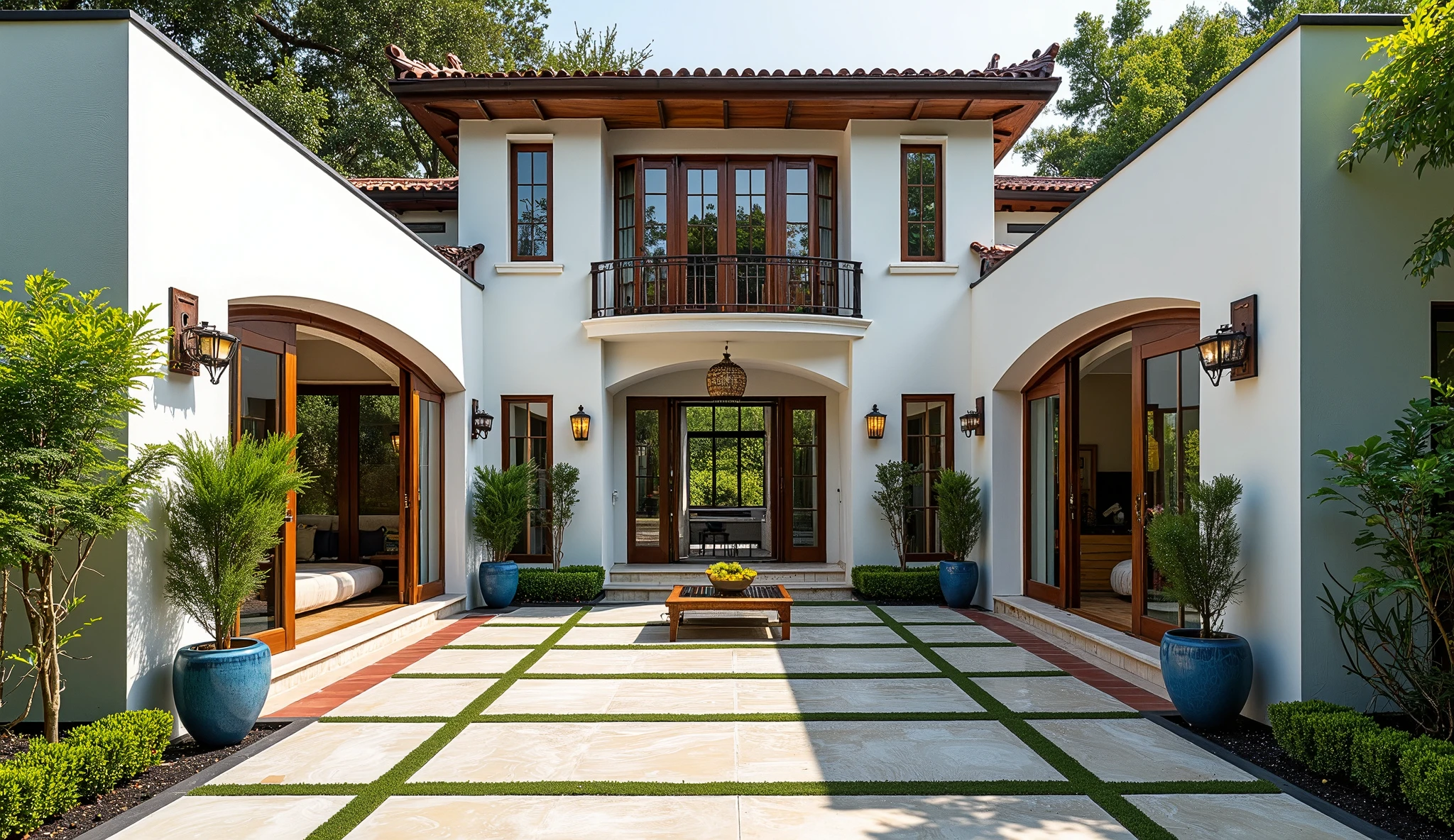 A modern Wabi Sabi + Indochine 3-body garden house, viewed from a high-angle bird’s eye perspective, showcases an elegant blend of simplicity, nature, and traditional Vietnamese architecture. The structure, primarily composed of soft white walls and ivory accents, evokes the minimalist calm of Wabi Sabi while incorporating the rich textures of Indochine style. The three distinct sections of the house are connected by open corridors, forming a courtyard in the centelled with dark green tropical plants, creating a serene, natural focal point.

The roof, made from rich teak and dark walnut tiles, adds a sense of warmth and tradition, echoing the classic Vietnamese garden house. Warm beige columns and window frames surround the exterior, providing balance between the minimalist structure and Indochine elements. Large sliding doors open to verandas furnished with bamboo furniture, offering tranquil seating areas that seamlessly blend the indoor and outdoor spaces.

The garden features indigo blue ceramic vases and emerald green tropical plants strategically placed throughout, alongside elegant stone pathways in muted beige that connect each section of the house. A bamboo tea table set beside a brick red and burnt sienna tiled patio reflects Indochine craftsmanship, while an antique gold lantern adds a subtle, refined touch to the entrance.

Natural materials, open spaces, and lush greenery combine to create a balance of modern simplicity and cultural depth, celebrating both Wabi Sabi’s understated elegance and Indochine’s rich heritage.
