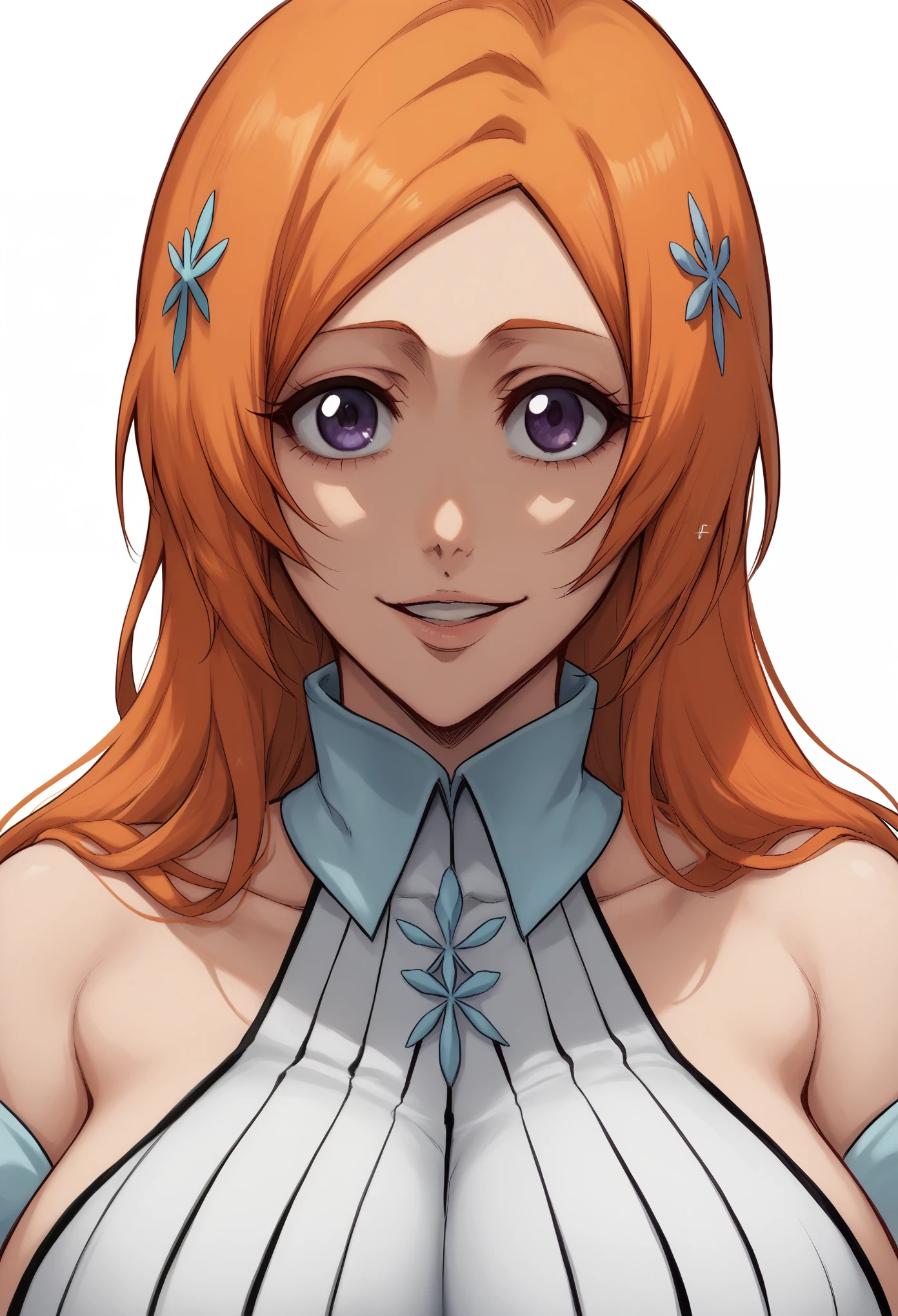 portrait, solo focus, solo, close-up, (white background, plain background, simple background:1.3), looking at viewer, (parted lips:1.2), 
:1.2)
eft_bleach_orihime, orihime the thousand year blood war arc, 1girl, inoue orihime, solo, long hair, orange hair, grey purple eyes, white dress bleach, huge breasts, detached sleeves, hair ornament, large breasts, white dress, the thousand year blood war outfit orihime, bare shoulders, hairclip, purple eyes, smile, happy, from front,