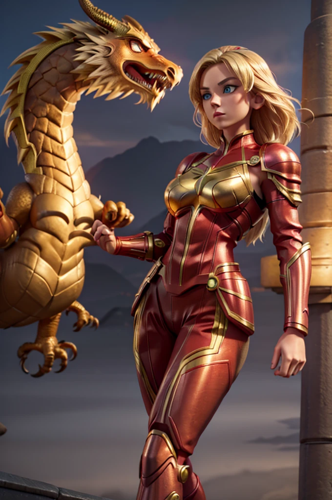 Blonde sexy girl , wearing a sexy red and gold hero armor,  electronic futuristic outfit . Dragon in the background
