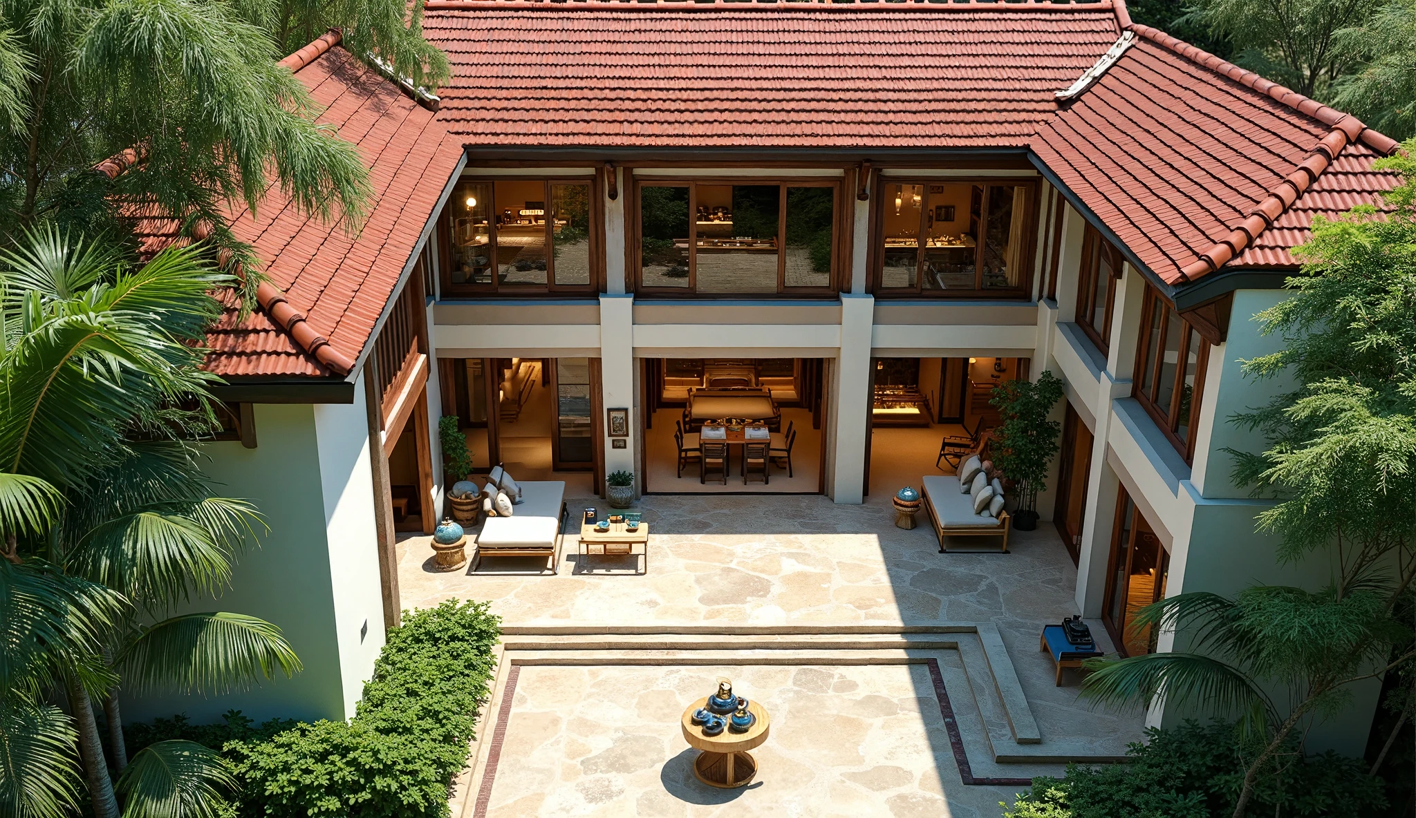 A Minimalism + Indochine 3-body garden house, seen from a high-angle bird’s eye view, combines clean lines with cultural richness. The U-shaped structure consists of three connected wings forming a central courtyard. The main wing, painted in soft white and ivory, embodies minimalism with its smooth, simple walls, while warm beige tiles extend across the verandas, grounding the house in natural tones.

The two side wings are more private—one holds the living room and the other, a kitchen and dining area. Rich teak and dark walnut wood elements frame the windows and doors, adding a traditional Indochine touch to the minimalist aesthetic. The roof is a mix of brick red tiles and exposed wood beams, enhancing the warm, earthy feel.

The central courtyard is vibrant and lush, with emerald green plants, including tall palms and ferns, adding tropical energy. Pathways of smooth stone, inlaid with antique gold and burnt sienna accents, connect the indoor and outdoor spaces, reflecting Indochine’s decorative heritage. A bamboo tea table sits on the veranda, offering a quiet space for reflection.

Large, open windows allow ample natural light into the house, illuminating minimalist interiors accented by traditional Indochine decor—indigo blue ceramics, woven rugs, and antique gold lighting fixtures. From above, the balance between minimalist modernity and Indochine warmth creates a serene, inviting retreat amidst lush greenery.

