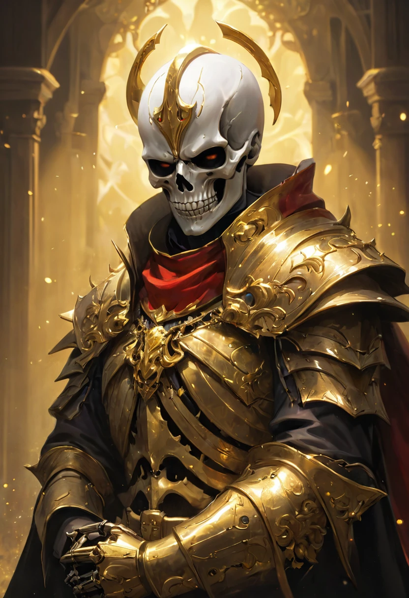 (masterpiece, best quality, ultra-detailed, best shadow), (detailed background,dark fantasy), templari, skeleton gold, skeleton face, priest, medieval armor gold. League of legends stile.terror face.((Anime character design)), ((Dramatic studio lighting)), ((Fine lines)), ((Stunning character focus)), ((Highly detailed)), ((Stunning graphics)), ((Detailed strokes)), ((Atmospheric)), ((Blurred background)), ((Ultra-fine 2D design)), ((Creative scenery)), ((Highly detailed anime painting)), ((Best quality 2D strokes)), ((Best quality)), ((Sharp focus)), ((High-octane rendering)), ((8K anime style)), ((Full body))