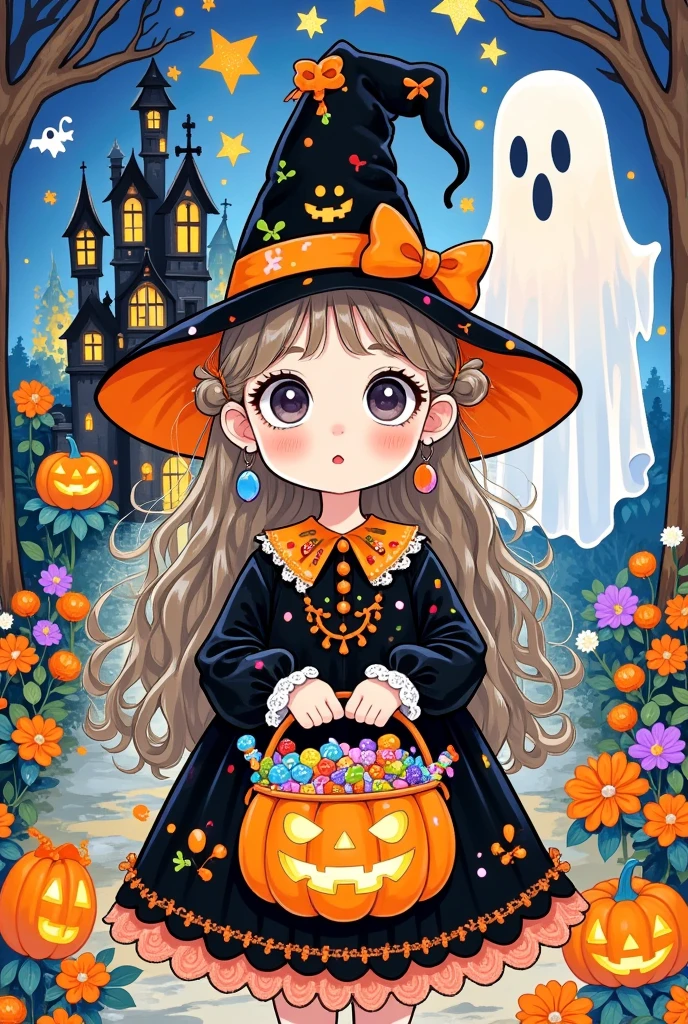 Halloween art style，Halloween theme，Cartoon anime illustration：Kid dressed as a witch ， holding a pumpkin basket full of candy，Cute expression，Trick or Treat。Castle Background，A huge ghost