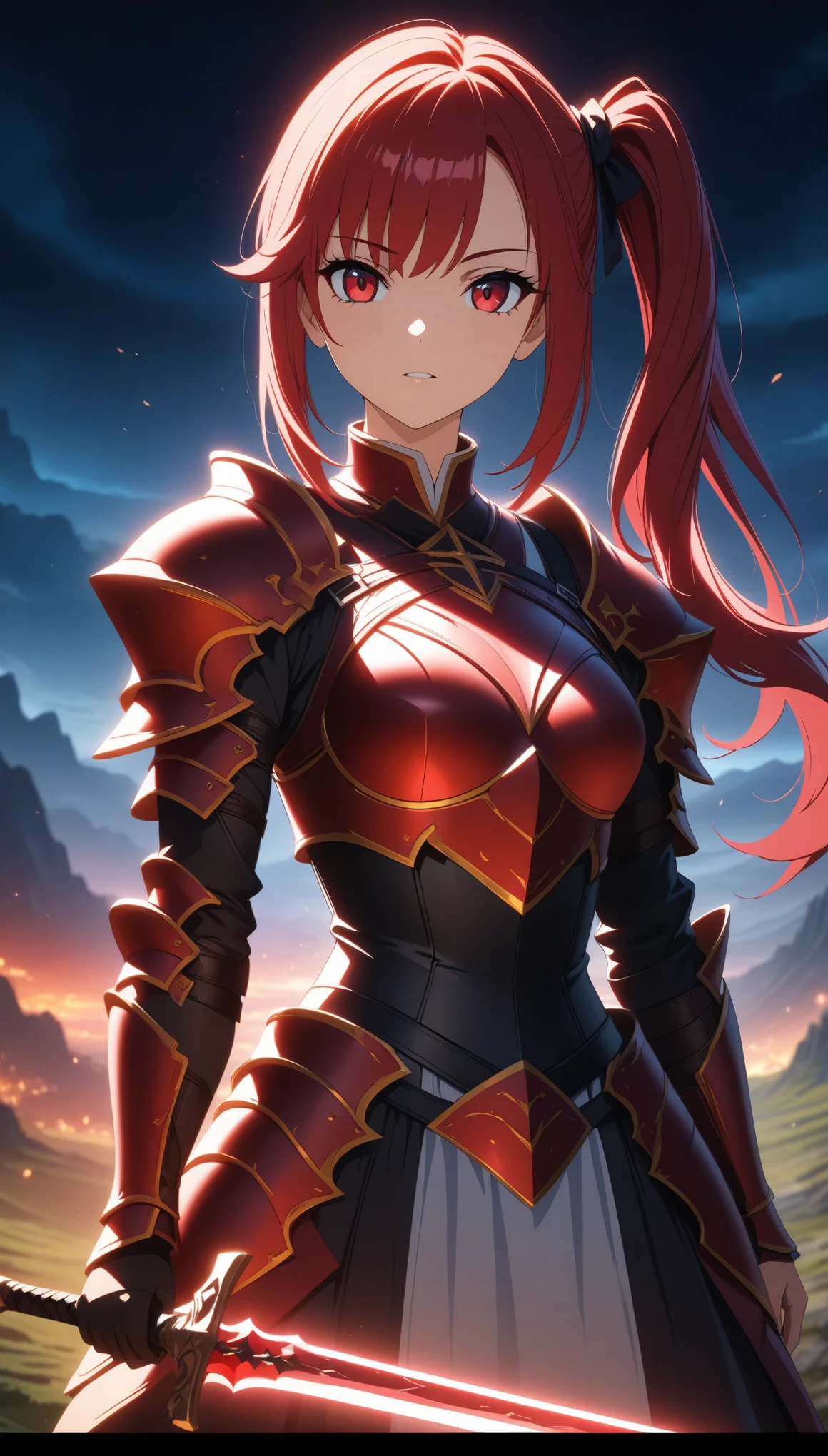  long red hair、 side ponytail 、Beautiful young woman wearing armor 、Wield the Holy Sword、 stares at you、 anime style、Anime Paint、 very detailed 、 cinematic lighting 、 fantasy、narrative poem、dramatic、 digital painting 、8k