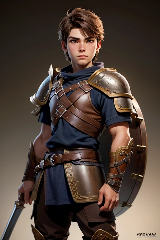 viking, boy warrior with short brown hair and brown eyes in leather armor. No background.