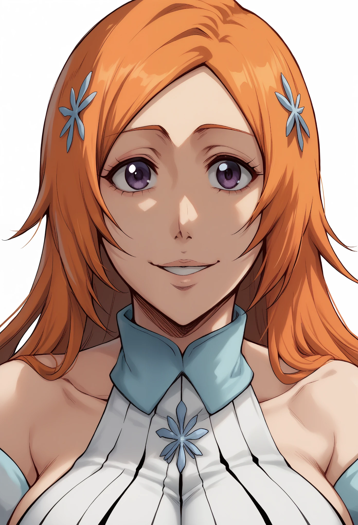 portrait, solo focus, solo, close-up, (white background, plain background, simple background:1.3), looking at viewer, (parted lips:1.2), 
:1.2)
eft_bleach_orihime, orihime the thousand year blood war arc, 1girl, inoue orihime, solo, long hair, orange hair, grey purple eyes, white dress bleach, huge breasts, detached sleeves, hair ornament, large breasts, bust, white dress, the thousand year blood war orhime outfit, bare shoulders, hairclip, purple eyes, smile, happy, from front,