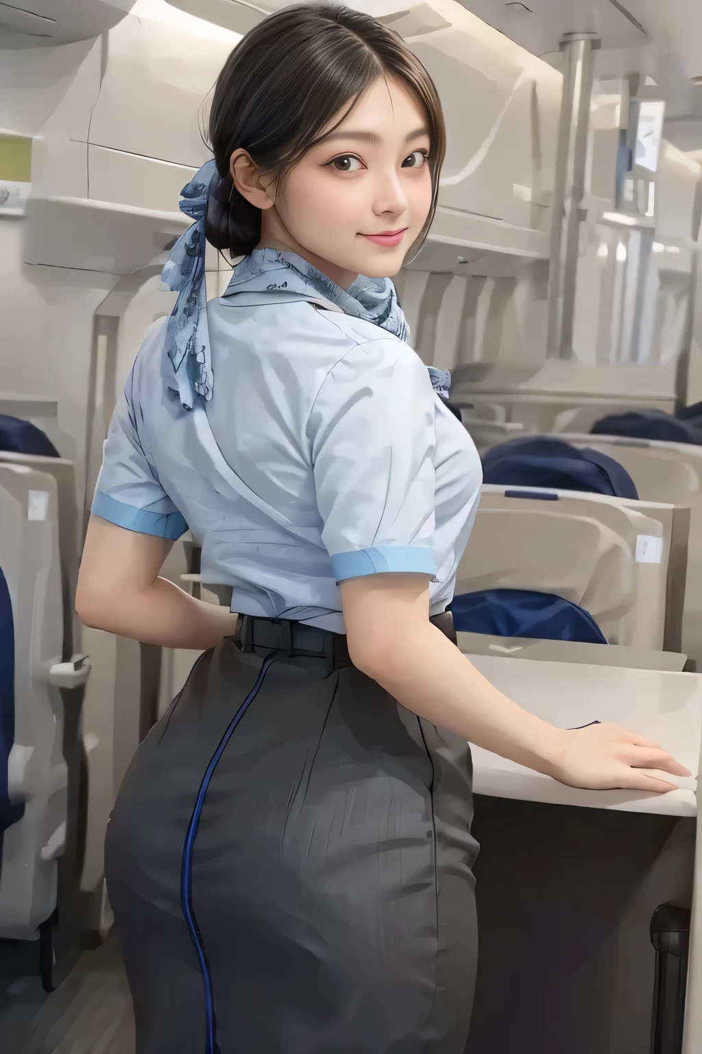 (masterpiece:1.2, Best Quality:1.2), 32K HDR,  Kampala, (Alone、 1 girl)、（on board、 Professional Lighting）、In-flight background、（ANA flight attendant uniform blueを着たリアルスタイル）、（（ANA flight attendant uniform blue short sleeve blouse 、 ANA flight attendant uniform blue skirt with blue line on the back、Scarf around the neck））、Dark brown hair、（ long hair、Hair tied up、 summary hair ）、Dark brown hair、 LONG SHOT 、Big Breasts、Thin legs、（（Great hands：2.0）），（（ Harmonious Body Proportions：1.5）），（（Normal limbs：2.0）），（（Normal finger：2.0）），（（Delicate eyes：2.0）），（（Normal eyes：2.0））)、smile、（ANA flight attendant uniform blueを見せた美しい後ろ姿）、Hands clasped underneath