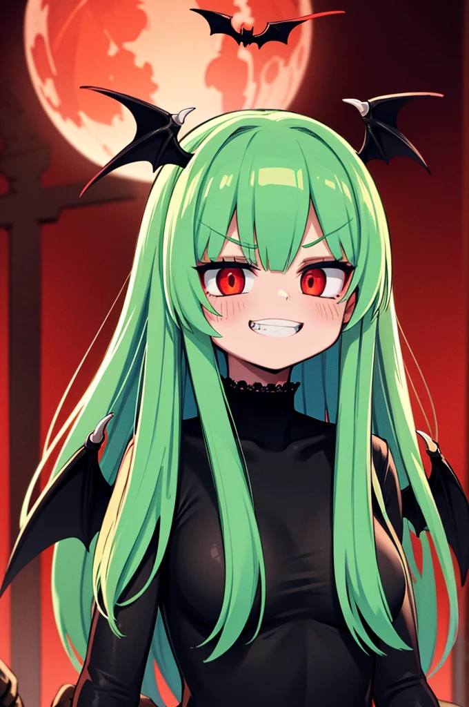 redい目, vampireの牙, Buddy face, Bleeding from the mouth, Grin,Bat Wings, scared smile, psychopathic Grin, Psychopathic Smile, scared,  opens her mouth, Angry Eyes, vampire, Dark night background, red + green + green, glowing red moon