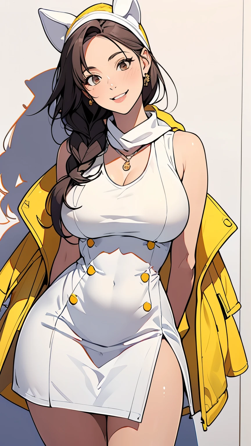  1 girl, , smile, Dog Ears, Twin Blade,  side lock, hair ornament, ((white dress)), yellow  jacket, dress,  jacket, Open clothes, open  jacket, short dress, sleeveless dress, Big Breasts, Thick thighs, Tall, Tall female,  mature women, bandana, scarf,   Hourglass Figure  , arms behind back,  standing, ((arms behind back))