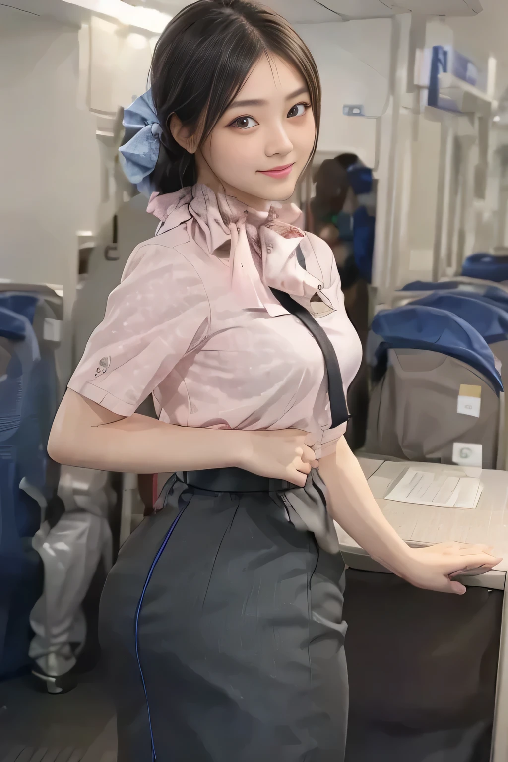 (masterpiece:1.2, Best Quality:1.2), 32K HDR,  Kampala, (Alone、 1 girl)、（on board、 Professional Lighting）、In-flight background、（ANA cabincrew uniform pinkを着たリアルスタイル）、（（ANA cabincrew uniform pink short sleeve blouse 、 ANA cabincrew uniform pink skirt with blue line on the back、Scarf around the neck））、Dark brown hair、（ long hair、Hair tied up、Hair tied up）、Dark brown hair、 LONG SHOT 、Big Breasts、Thin legs、（（Great hands：2.0）），（（ Harmonious Body Proportions：1.5）），（（Normal limbs：2.0）），（（Normal finger：2.0）），（（Delicate eyes：2.0）），（（Normal eyes：2.0））)、smile、（ANA cabincrew uniform pinkを見せた美しい後ろ姿）、Hands clasped underneath