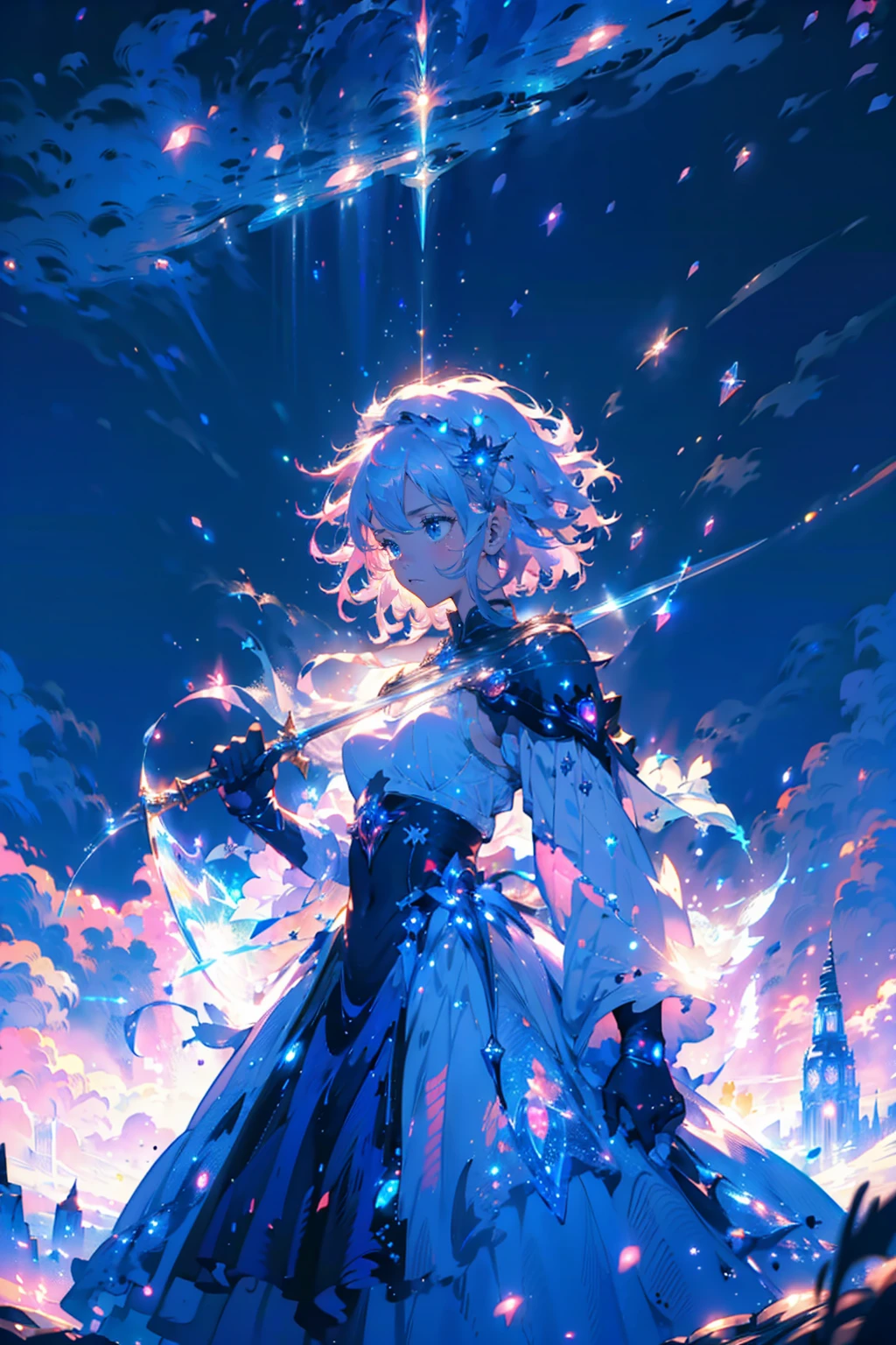 ((Best Quality)), ((masterpiece)), ((detailed)), ((High Definition)), 
1girl,solo,cool,(((pink short hair,blue eyes))),
The black silhouette of an anime-style magic swordsgirl,With a sparkle background,With a magical aura-cutting light,
hold a sword,aiming a sword at viewer,
cyber,neon,lightning sword,
snow,winter,white and silver background,