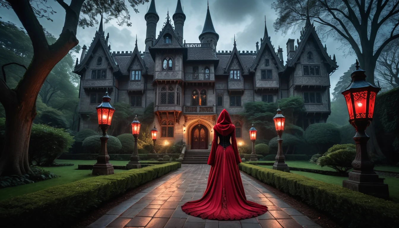 HDR, 24k, clear night, dramatic low-angle shot: A woman, tight medieval dress, luxurious red hood, Celtic gothic witch (with her back turned) stands on a red tiled path that winds towards a towering Gothic mansion. The architecture is breathtaking, adorned with intricate details including sharp turrets and ornate stonework, illuminated by vintage lanterns that cast a soft, mysterious light. Towering trees loom over the scene, their branches reaching into the misty atmosphere, as they pass by. In the background, a lush garden, adding layers of life and mystery. The color palette is moody and enigmatic, with light tones heightening the sense of wonder and suspense. The Gothic style is fully embodied in this melancholic and brooding scene, evoking the feeling that a hidden secret lies just beyond the veil of night.