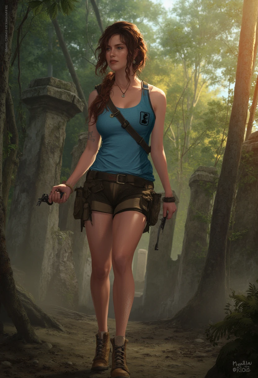 score_9, score_8_up, score_7_up, score_6_up, rating_safe, cinematic film still, solo, 1girl, American, thick curvy girl, BREAK (Lara Croft, brown hair, ponyail:1.3, tight tank top, micro shorts, thick thighs), BREAK (dimly lit:1.1), walking in a jungle, dreaded jungle, dense forest, in action, action movie explosions, heavy explosions in the background, (cinematic lighting:1.2),, (sunset:1.2), BREAK shallow depth of field, vignette, highly detailed, high budget, bokeh, BREAK cinemascope, moody, epic, gorgeous, film grain, grainy, BREAK (ultra-detailed),(best illustration),(best shadow),(absurdres),(detailed background),(very aesthetic). (((thick voluptuous thighs))), (((deep open neckline))), (((big saggy breasts))), (((thick thighs))), (((massive thighs))), Extremely Realistic, Ai Shinozaki, sexy lara croft,cleavage,adventurous,confident expression,curly dark hair,fit physique,tactical clothing,sky blue tank top and shorts,combat boots,gritty environment,dusty ruins,ancient artifacts,moss-covered stone pillars,sunlight filtering through the trees,wisps of mist in the air,action-packed pose,legs apart,ready to take on any challenge,background: dense jungle,liana vines hanging from the trees,,steamy atmosphere,vivid colors,deep greens,rich browns,hint of orange and gold,warm sunlight hitting Lara's face from the side,casting dramatic shadows,highlighting her strong features,medium: digital illustration,with intricate details and textures,bringing Lara to life as a realistic and captivating character,emphasizing her strength and allure,lighting: dynamic,with a sense of movement and depth,accentuating the intensity of the scene, HDR,studio lighting, hair in single braid, cleavage, muscular, muscular, (((navel))), (((midriff))), BREAK (thick thighs, sexy body), BREAK (thick thighs, sexy body), (((navel))), (((midriff)))