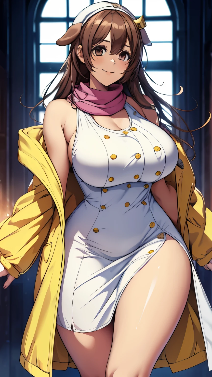  1 girl, , smile, Dog Ears, Twin Blade,  side lock, hair ornament, ((white dress)), yellow  jacket, dress,  jacket, Open clothes, open  jacket, short dress, sleeveless dress, Big Breasts, Thick thighs, Tall, Tall female,  mature women, bandana, scarf,   Hourglass Figure  , arms behind back,  standing, ((arms behind back))