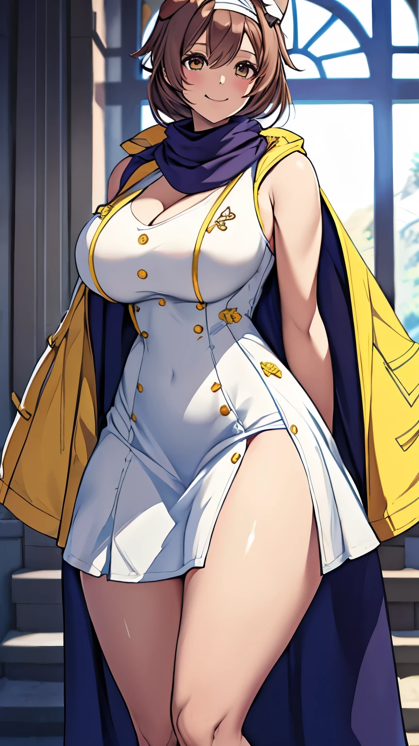  1 girl, , smile, Dog Ears, Twin Blade,  side lock, hair ornament, ((white dress)), yellow  jacket, dress,  jacket, Open clothes, open  jacket, short dress, sleeveless dress, Big Breasts, Thick thighs, Tall, Tall female,  mature women, bandana, scarf,   Hourglass Figure  , arms behind back,  standing, ((arms behind back))