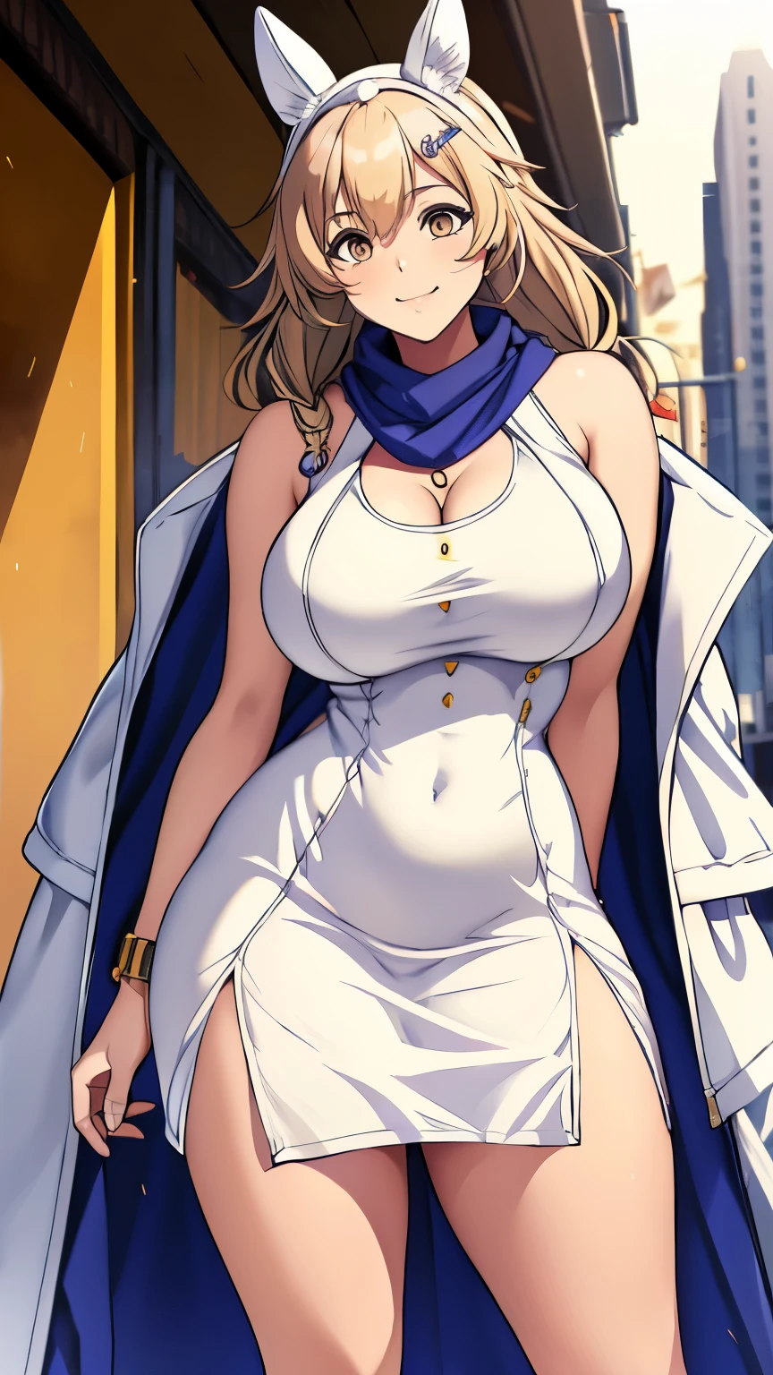  1 girl, , smile, Dog Ears, Twin Blade,  side lock, hair ornament, ((white dress)), yellow  jacket, dress,  jacket, Open clothes, open  jacket, short dress, sleeveless dress, Big Breasts, Thick thighs, Tall, Tall female,  mature women, bandana, scarf,   Hourglass Figure  , arms behind back,  standing, ((arms behind back))