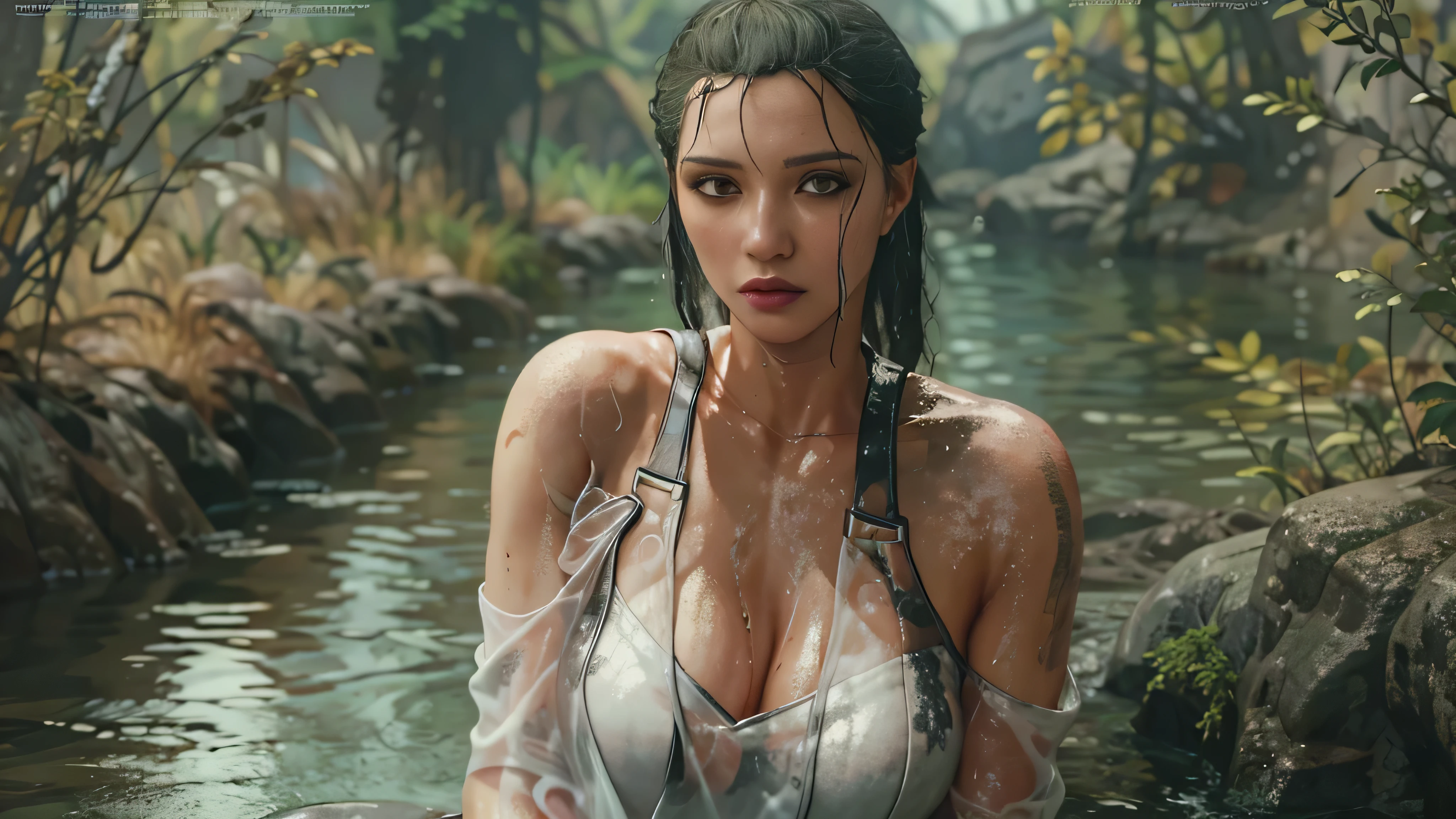 Andreja Va'ruun.  Braid around back of hair. Big boobs. Large boobs. White blouse, loose tie, tight clothing, wet clothing, realistic oil painting, dripping wet, beautiful realistic painting,  hyperrealist portrait in a river, fully clothed, cute shot, narrow depth of field, 8k,  drenched, ((soaked)), dripping water, dripping oil, heavy clothes, soaked in oil, wet all over, rouge lipstick, wet dripping hair, see through