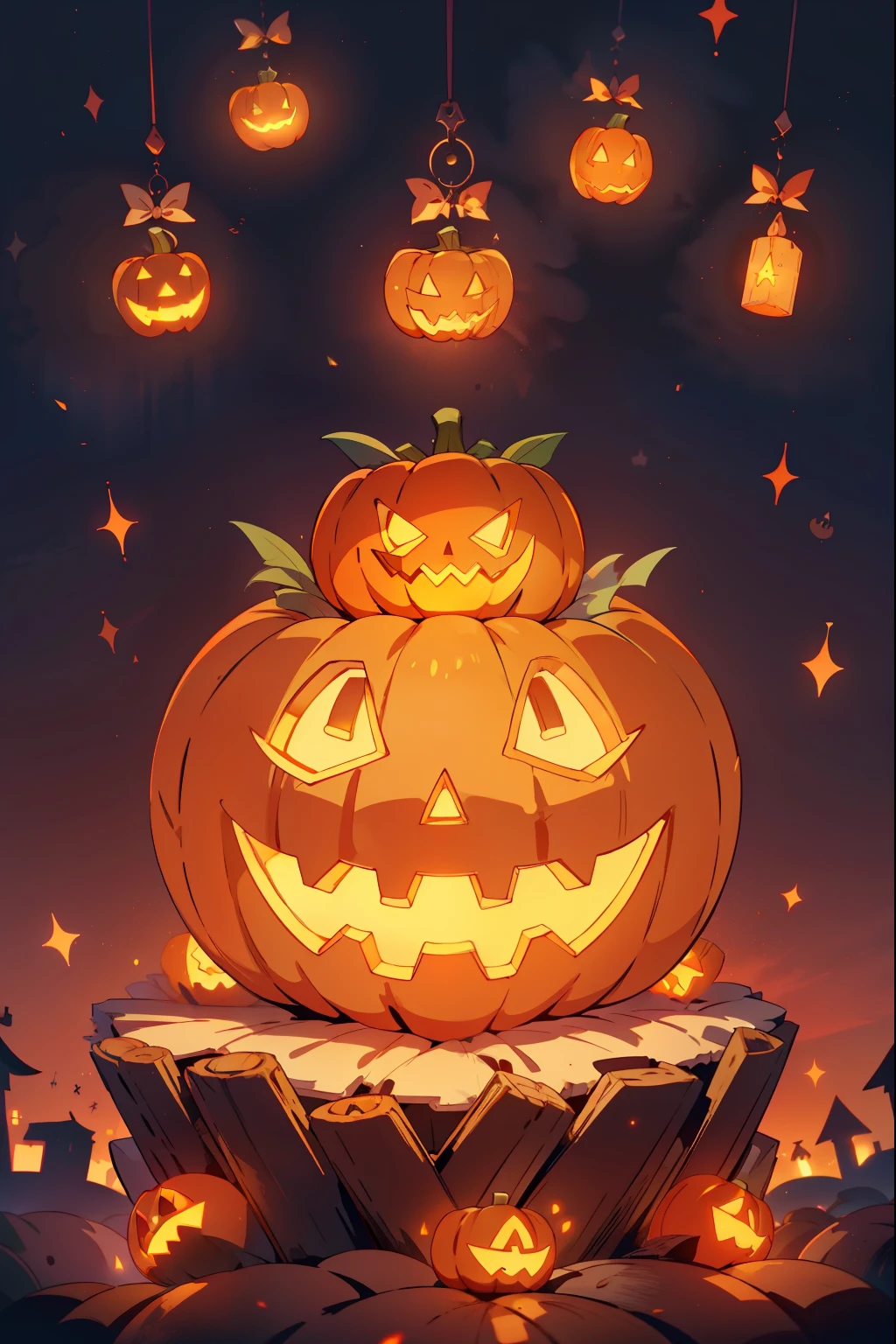 A scary , but charming ghost , is sitting on a pile of corn caramels, , surrounded by glowing jack-o-lanterns