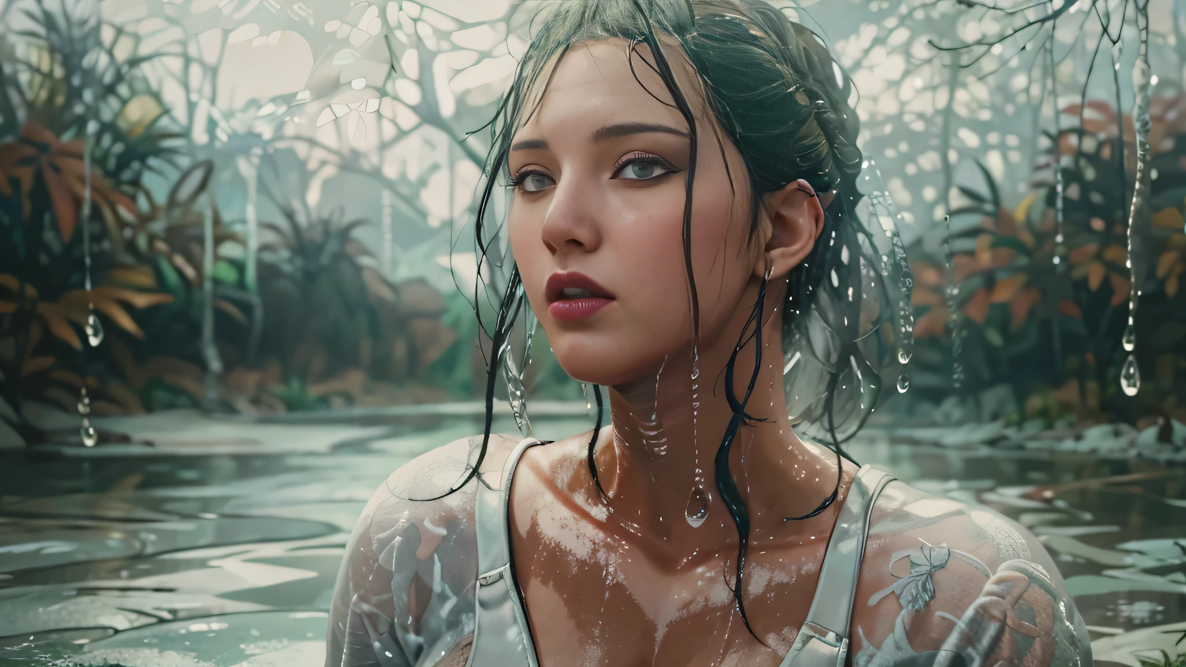 Andreja Va'ruun.  Braid around back of hair. Big boobs. Large boobs. White blouse, loose tie, tight clothing, wet clothing, realistic oil painting, dripping wet, beautiful realistic painting,  hyperrealist portrait in a river, fully clothed, cute shot, narrow depth of field, 8k,  drenched, ((soaked)), dripping water, dripping oil, heavy clothes, soaked in oil, wet all over, rouge lipstick, wet dripping hair, see through