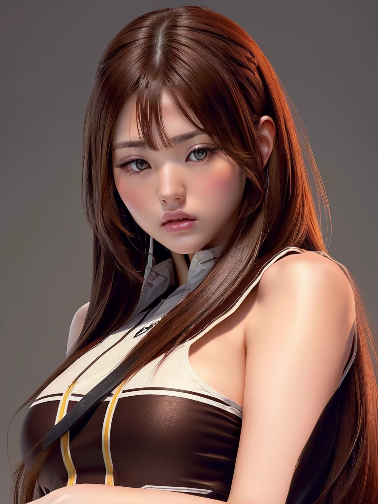 1 girl,  long hair ,  High resolution, breasts, necessary,  brown hair , big breasts,  simple background , unreal engine, Social realism, Diseño de personaje, Alone, throw, plano general, Detail, HD model, foreground, Make a pout, 