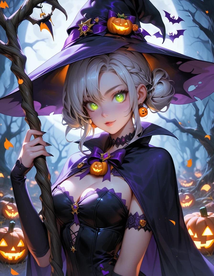 score_9, score_8_up, score_7_up, upscale 2x, 1girl as a mystical witch dressed in a Halloween-themed outfit. has a tall, pointed witch's hat decorated with tiny pumpkins and bats, and wears a flowing cape in shades of orange, purple, and black. She holds a magical staff that emits a faint green glow. Around her are glowing jack-o'-lanterns, hovering ghostly figures, and black cats with glowing eyes. The scene is set in a dark, misty forest with a full moon casting an eerie light, creating a spooky yet enchanting Halloween atmosphere