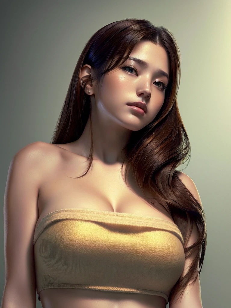 1 girl,  long hair ,  High resolution, breasts, necessary,  brown hair , big breasts,  simple background , unreal engine, Social realism, Diseño de personaje, Alone, throw, plano general, Detail, HD model, foreground, 