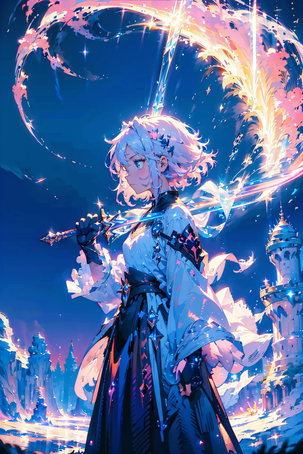 ((Best Quality)), ((masterpiece)), ((detailed)), ((High Definition)), 
1girl,solo,cool,(((pink short hair,blue eyes))),
The black silhouette of an anime-style magic swordsgirl,With a sparkle background,With a magical aura-cutting light,
hold a sword,aiming a sword at viewer,
cyber,neon,lightning sword,
snow,winter,white and silver background,