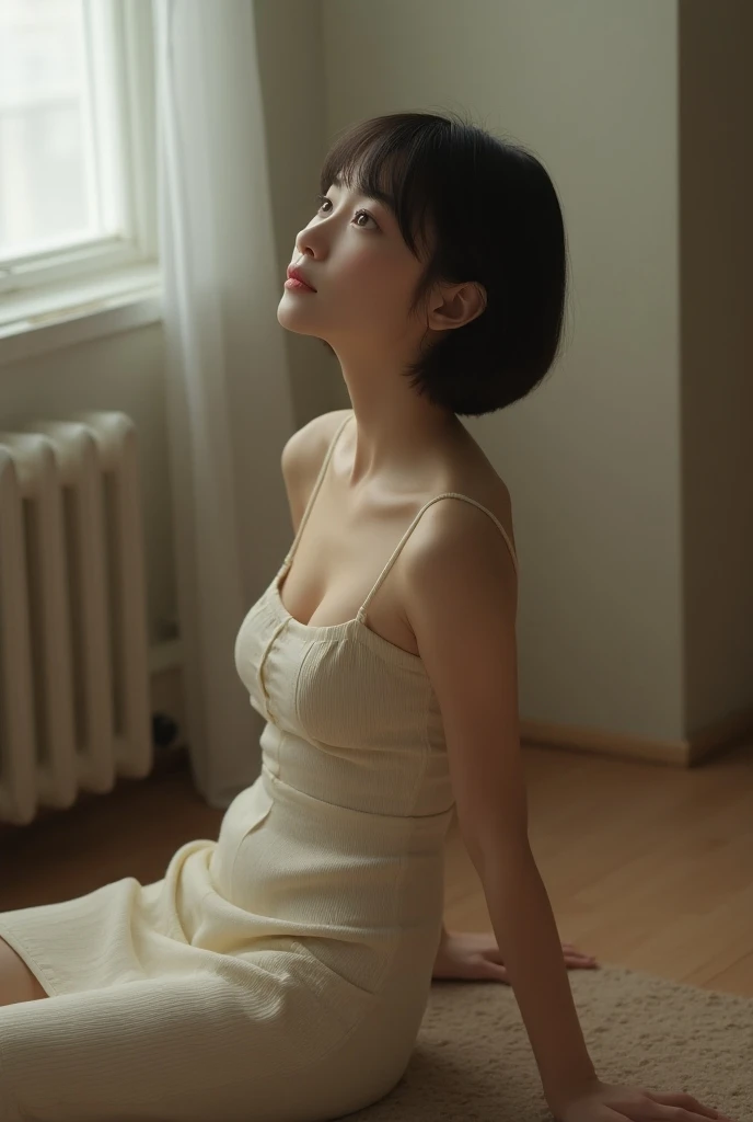 from side, upper body, BJD, doll joints, doll joints, BJD made of pure white glazed ceramics, electric drive, A fantastic and aesthetic image, Large half-closed golden glass eyes, urban style Pure white very short hair, a thin and haggard face, face without makeup, The ball-jointed doll is modeled after a 18-year-old woman, European features, silk white tube top dress, slender limbs, beautiful detailed face, sitting on a wooden chair, old european houses, indoor, beautiful artwork, High-definition, 4k, 8k,