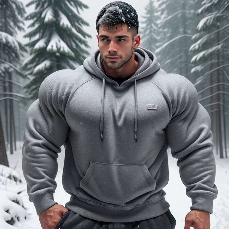 a very handsome, muscular, wearing a gray sweatshirt, in a snowy forest, snowing covered in snow, seen up close