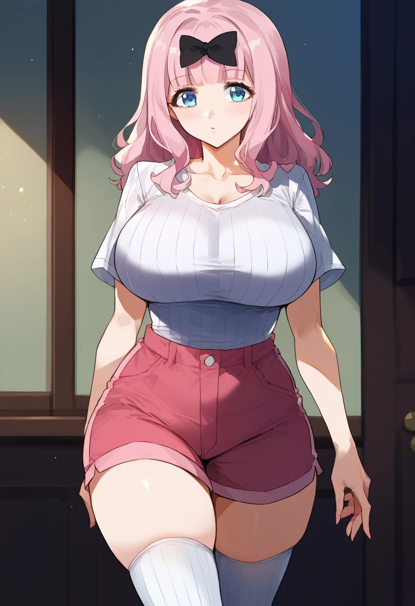 score_9, score_6_up, source_anime, 1girl, alone, , cowboy shot, chika, blue eyes, pink hair, hair bow, black bow,, huge breasts:1.5、grey ribbed t-shirt、 shorts、 stockings、、 cleavage、Clothes that are wide around the neck