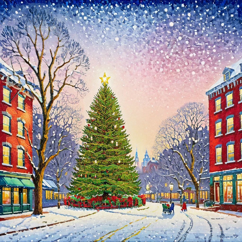 (((super fine Printing art illustration, masterpiece, ultra detailed, ultra high res, 16k)))
A large Christmas tree stands in the center of a street lined with red brick buildings. The branches and leaves of the tree are depicted with intricate textures and material expressions, emphasizing gloss and three-dimensionality. Snow falls delicately like pointillism, with crystal patterns, floating in a dreamy winter night sky. The overall color scheme is based on dark blue, contrasting with the deep, vibrant red of the red brick streets and the tree's decorations. In the background, the soft glow of city lights is visible.
