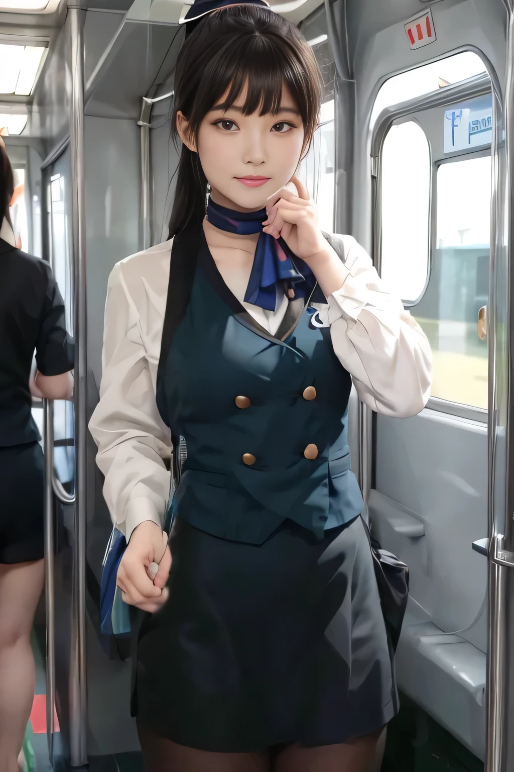 (masterpiece:1.2, Best Quality:1.2), 32K HDR,  Kampala, (Alone、 1 girl)、（on board、 Professional Lighting）、In-flight background、（Nankai Train crew uniformを着たリアルスタイル）、（（ Nankai Train Crew Uniform Collarless Blouse Long Sleeve 、  Black Curled Culottes Skirt 、Scarf around the neck））、Dark brown hair、（ long hair、Hair tied up、Hair tied up）、Dark brown hair、 LONG SHOT 、Big Breasts、Thin legs、（（Great hands：2.0）），（（ Harmonious Body Proportions：1.5）），（（Normal limbs：2.0）），（（Normal finger：2.0）），（（Delicate eyes：2.0）），（（Normal eyes：2.0））)、smile、（Nankai Train crew uniformを見せた美しい姿）、Hands clasped underneath
