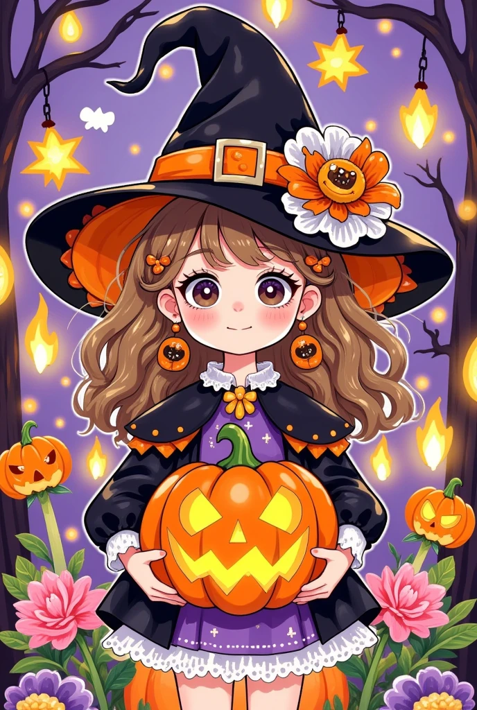 漫画书封面title为 "恐怖可爱Halloween!", title, "恐怖可爱Halloween!,  A cartoon girl in a witch costume holding a pumpkin, Portrait of Elaine Hamilton  , shutter, Digital Art, Halloween celebration, Halloween art style, 😃😀😄☺🙃😉😗, Trick or Treat, in a Halloween style, Halloween theme, Halloween, ❤🔥🍄🌪, Halloween night, spooky Halloween fun, Witch Girl, Sweet, 💣 💥